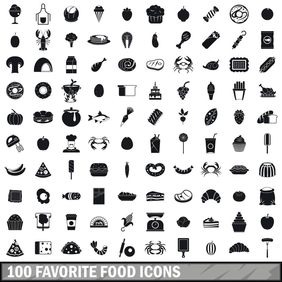 100 favorite food icons set, simple style vector