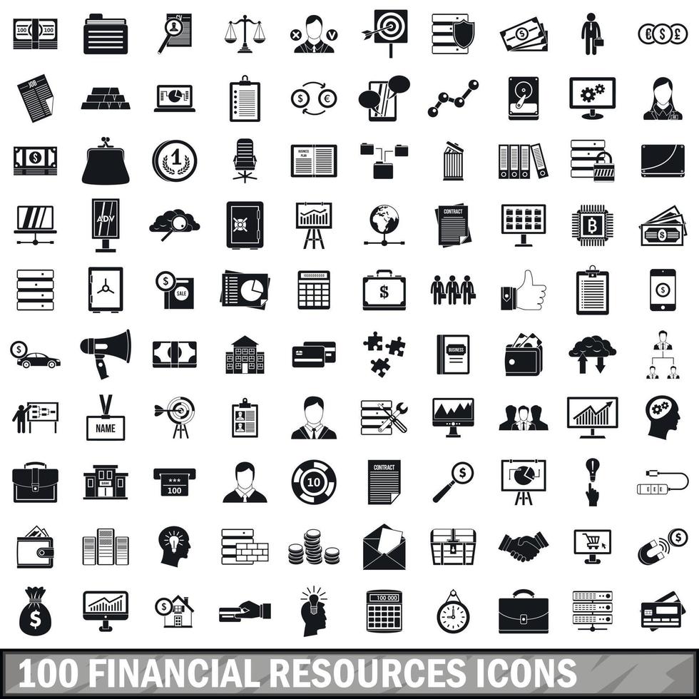 100 iconos de recursos financieros, estilo simple vector