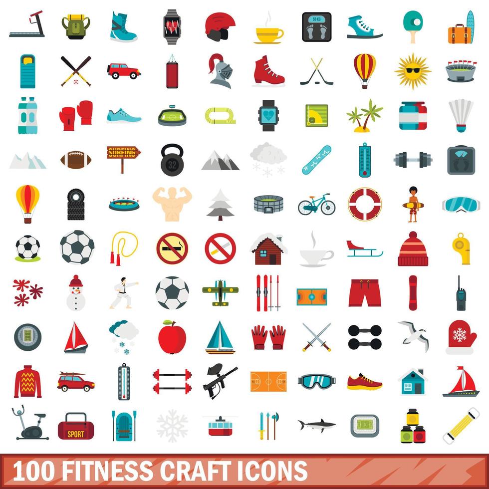 100 fitness craft icons set, flat style vector