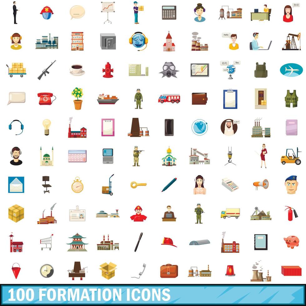 100 formation icons set, cartoon style vector