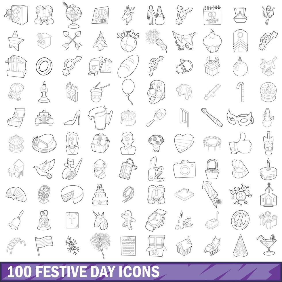 100 festive day icons set, outline style vector