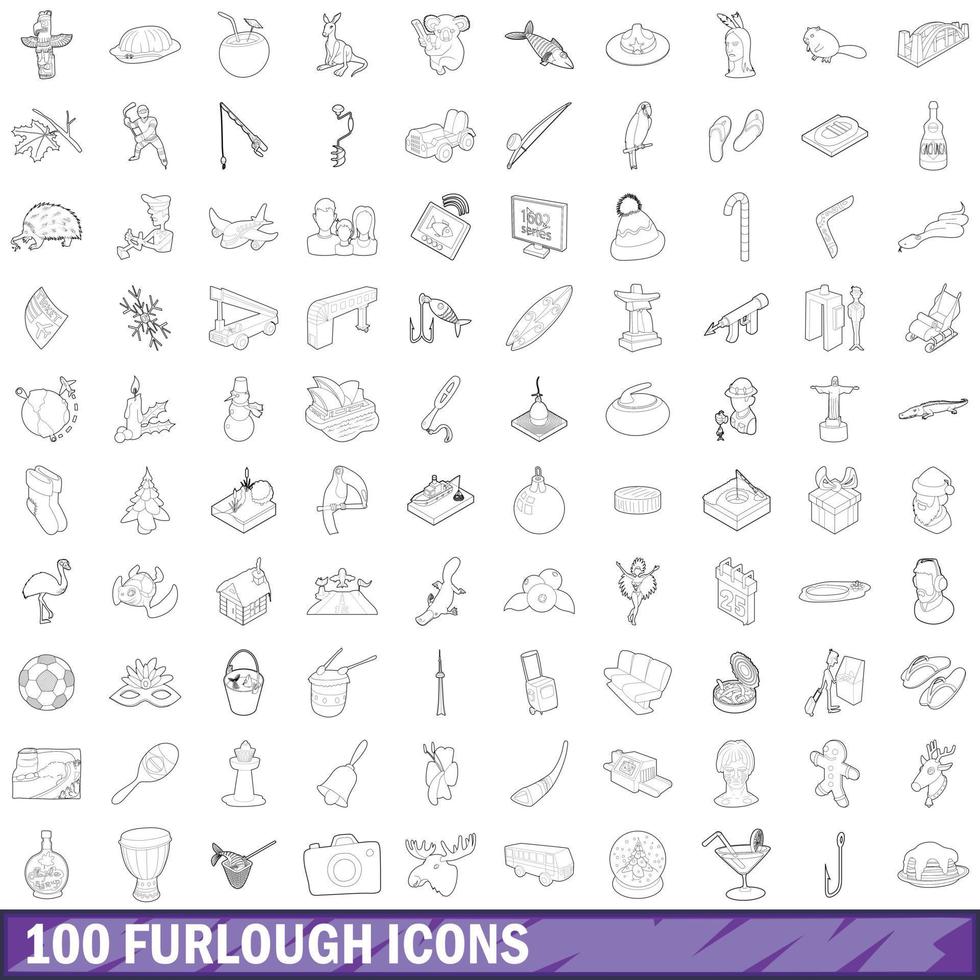 100 furlough icons set, outline style vector