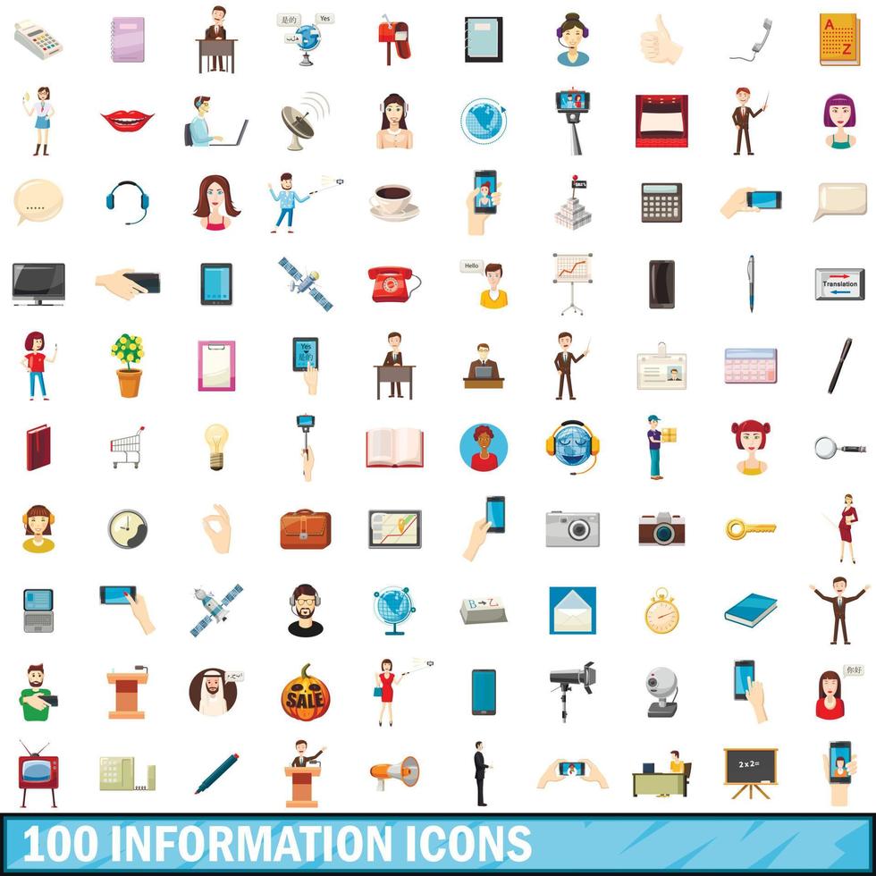 100 información, conjunto de iconos de estilo de dibujos animados vector