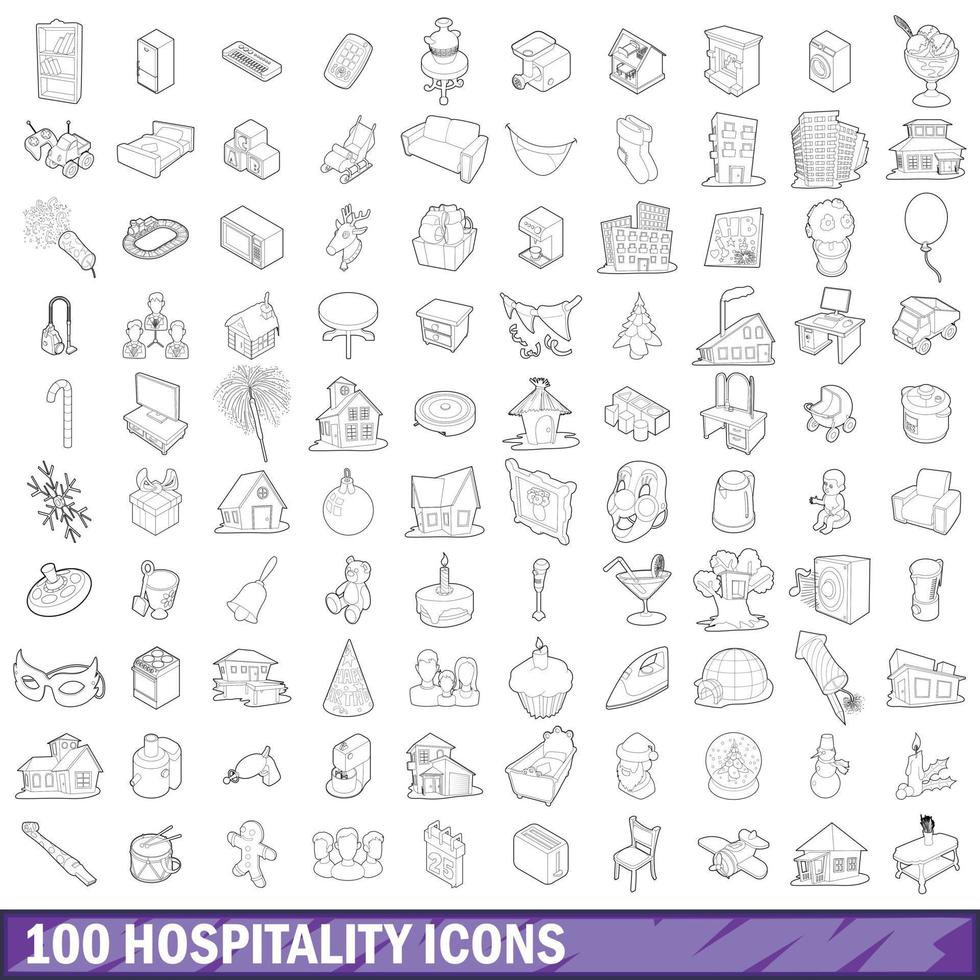 100 hospitality icons set, outline style vector