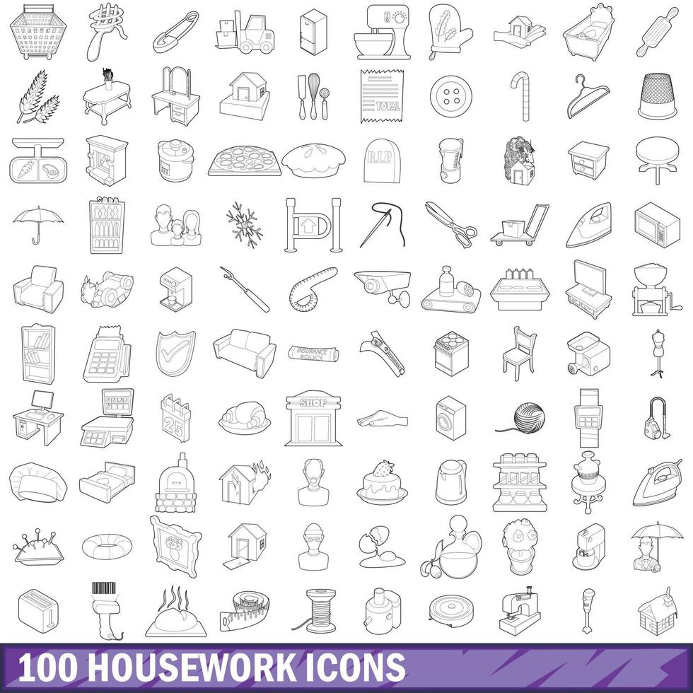 100 iconos de tareas domésticas, estilo de contorno vector