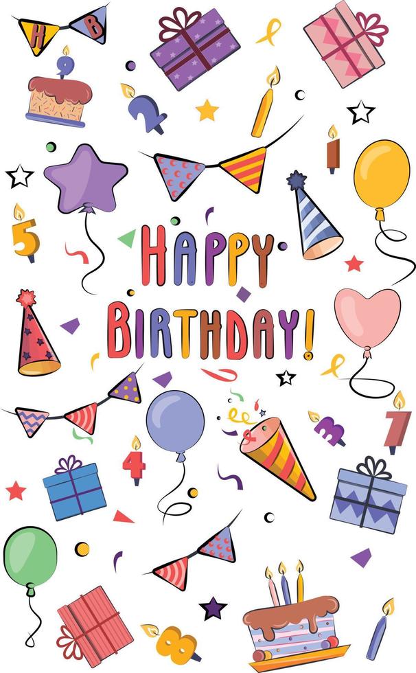 color brillante adorable vector plano invitación fiesta de cumpleaños historias web instagram diseño de banner horizontal con un pastel de cumpleaños, globos y velas galletas banderas stock aislado en blanco