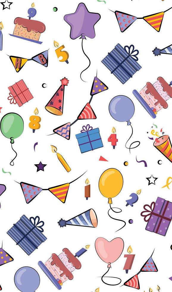 seamless pattern colored bright adorable flat vector  stories vertical layout invitation web stories birthday party with a birthday cake, balloons and candles crackers  flags isolated on white