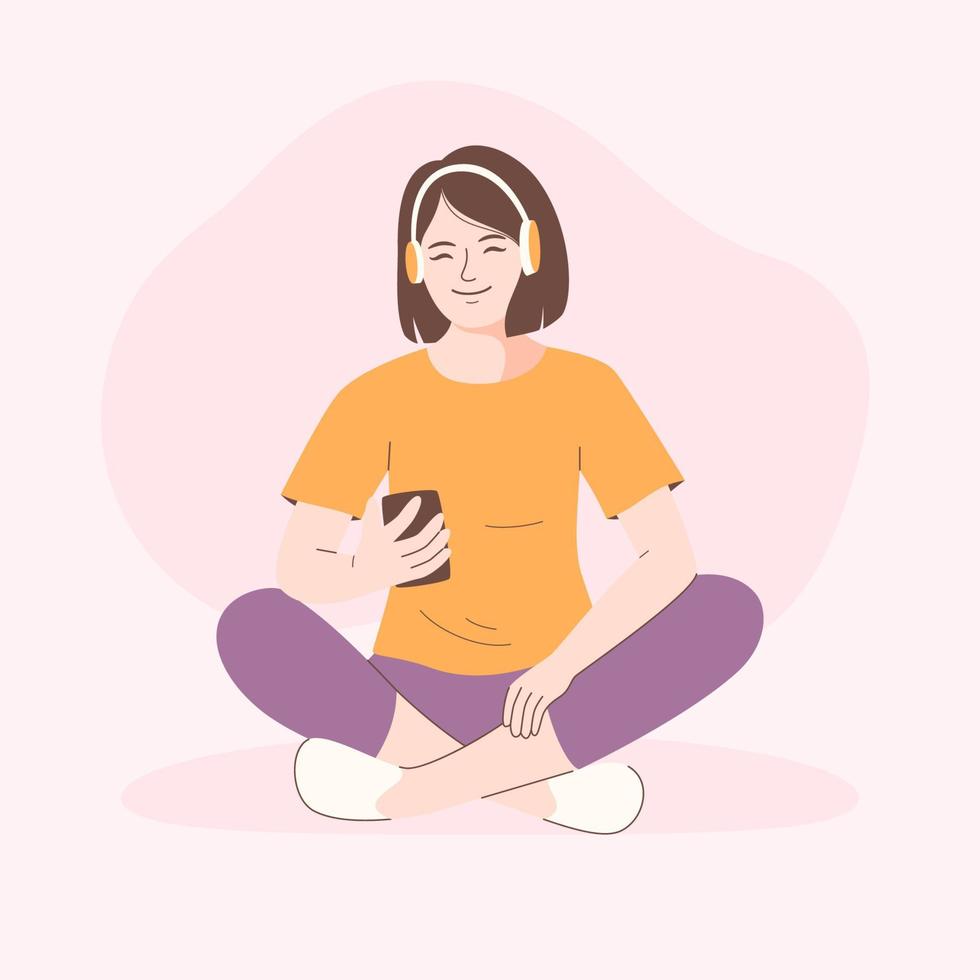 Young woman using a phone, cartoon character vector illustration