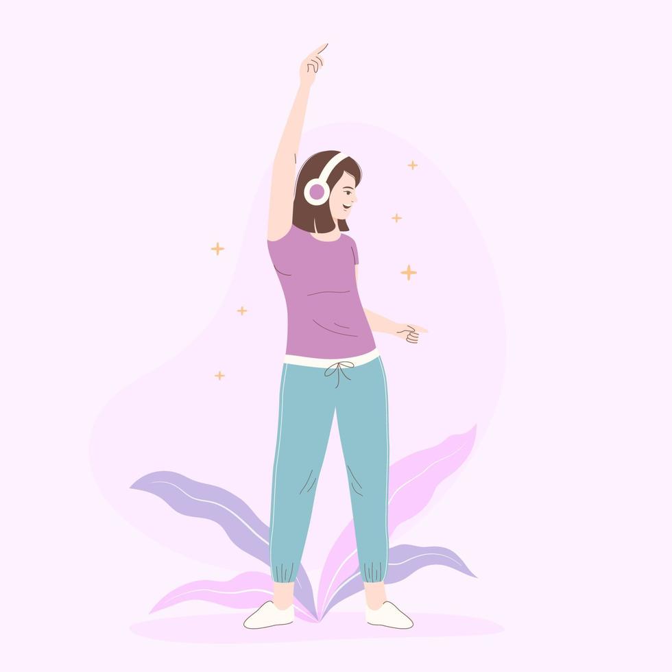 Woman with headphones listening to music and dancing, vector illustration