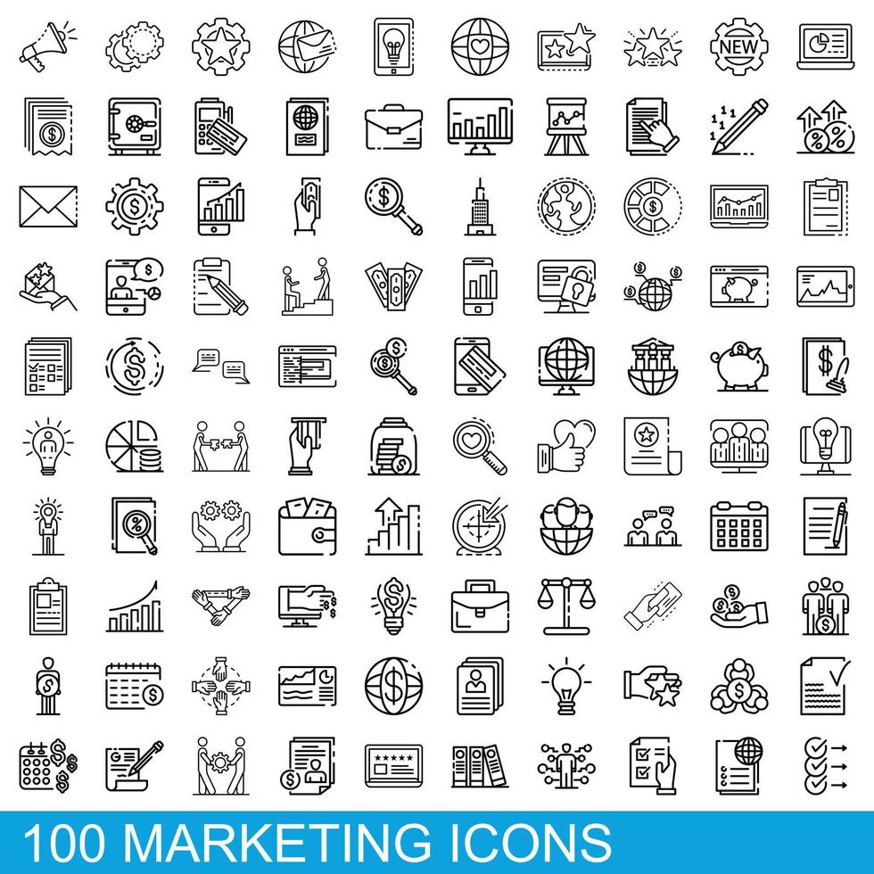 100 iconos de marketing, estilo de esquema vector