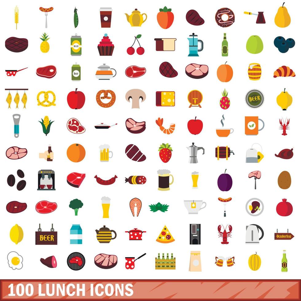 100 lunch icons set, flat style vector