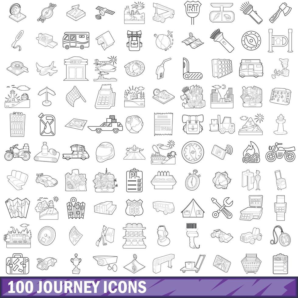 100 conjunto de iconos de viaje, estilo de contorno vector