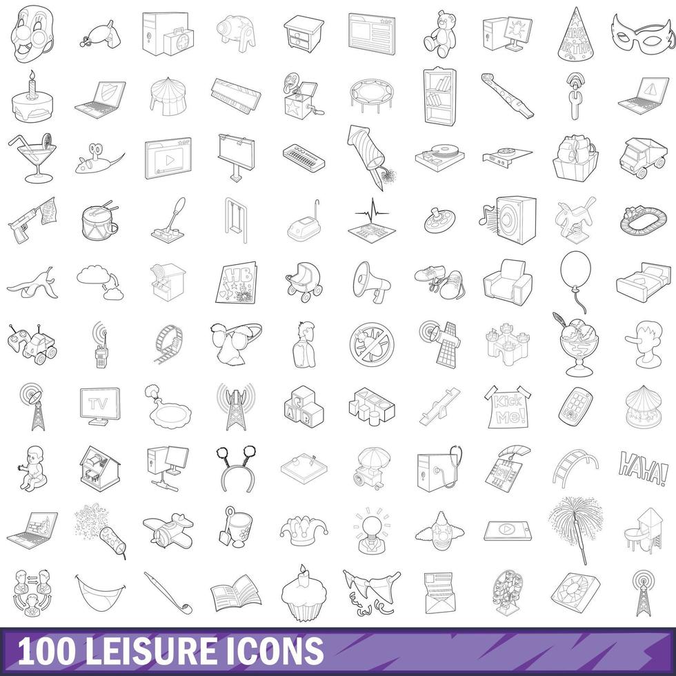 100 leisure icons set, outline style vector