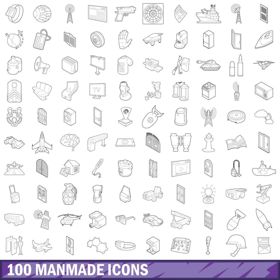 100 iconos hechos por el hombre, estilo de contorno vector