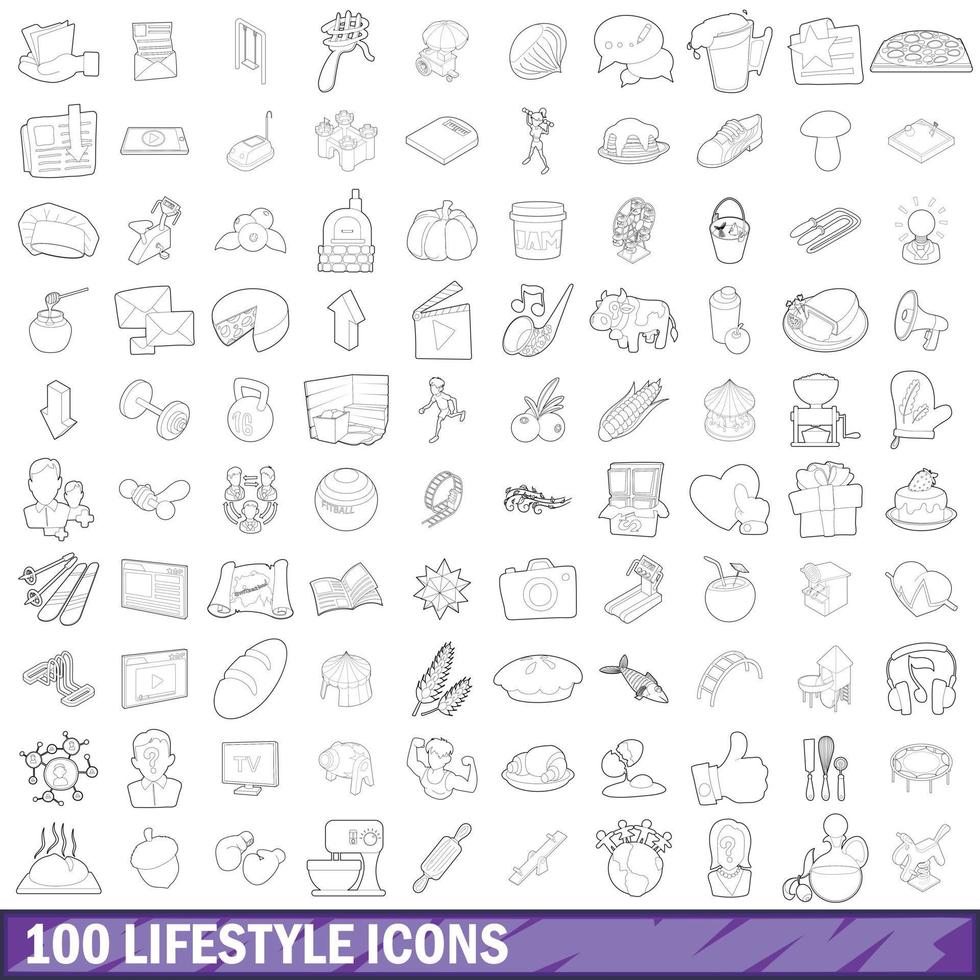 100 lifestyle icons set, outline style vector