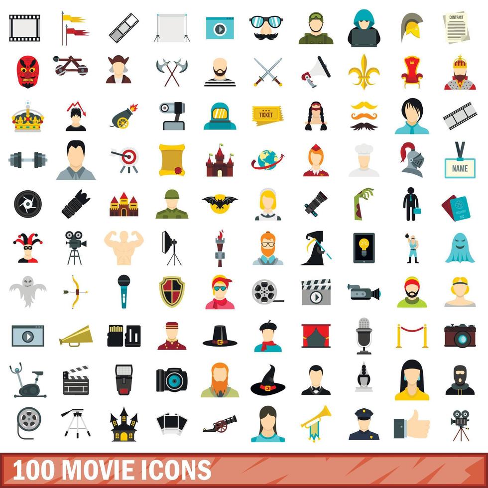 100 movie icons set, flat style vector
