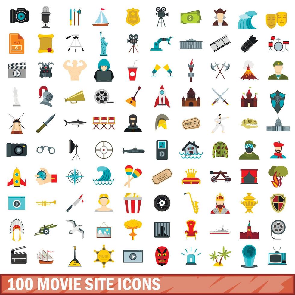 100 movie site icons set, flat style vector