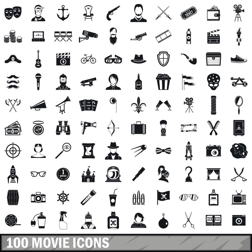 100 movie icons set, simple style vector