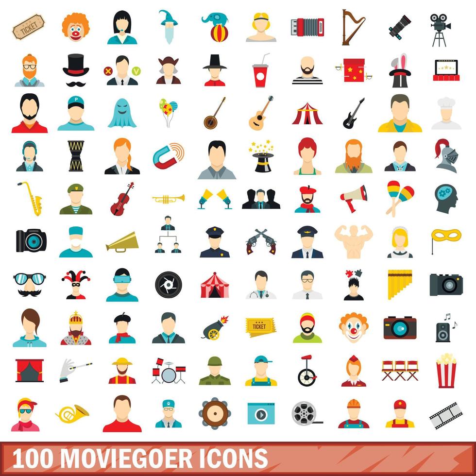 100 moviegoer icons set, flat style vector