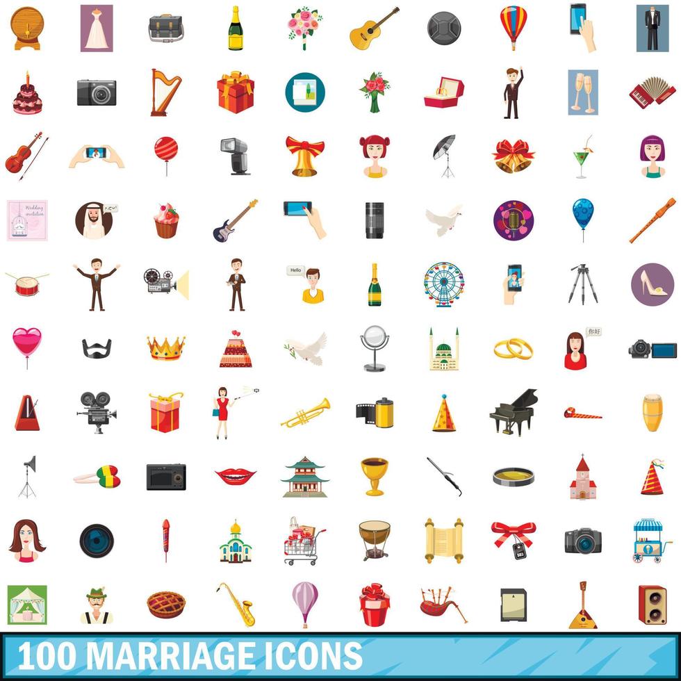 100 matrimonio, conjunto de iconos de estilo de dibujos animados vector