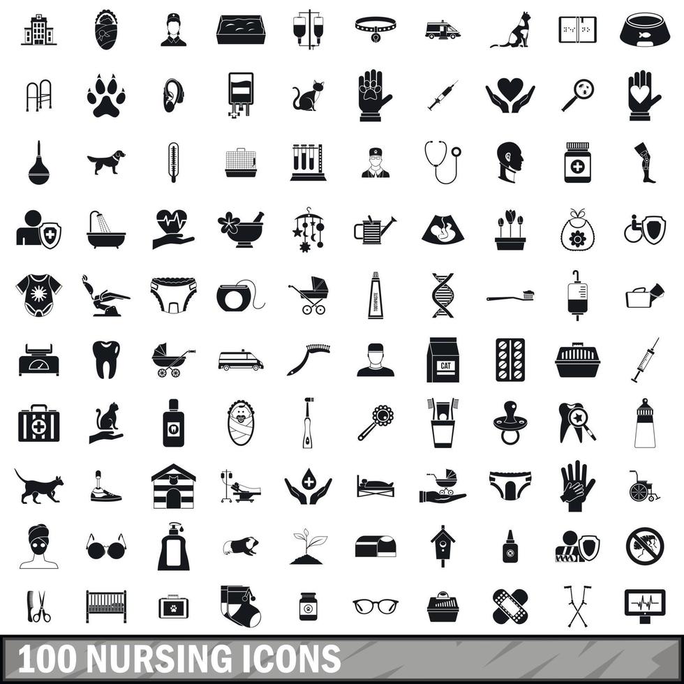 100 nursing icons set, simple style vector