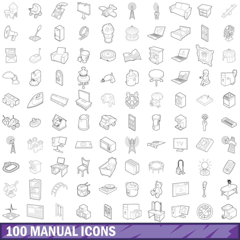 100 iconos manuales establecidos, estilo de esquema vector