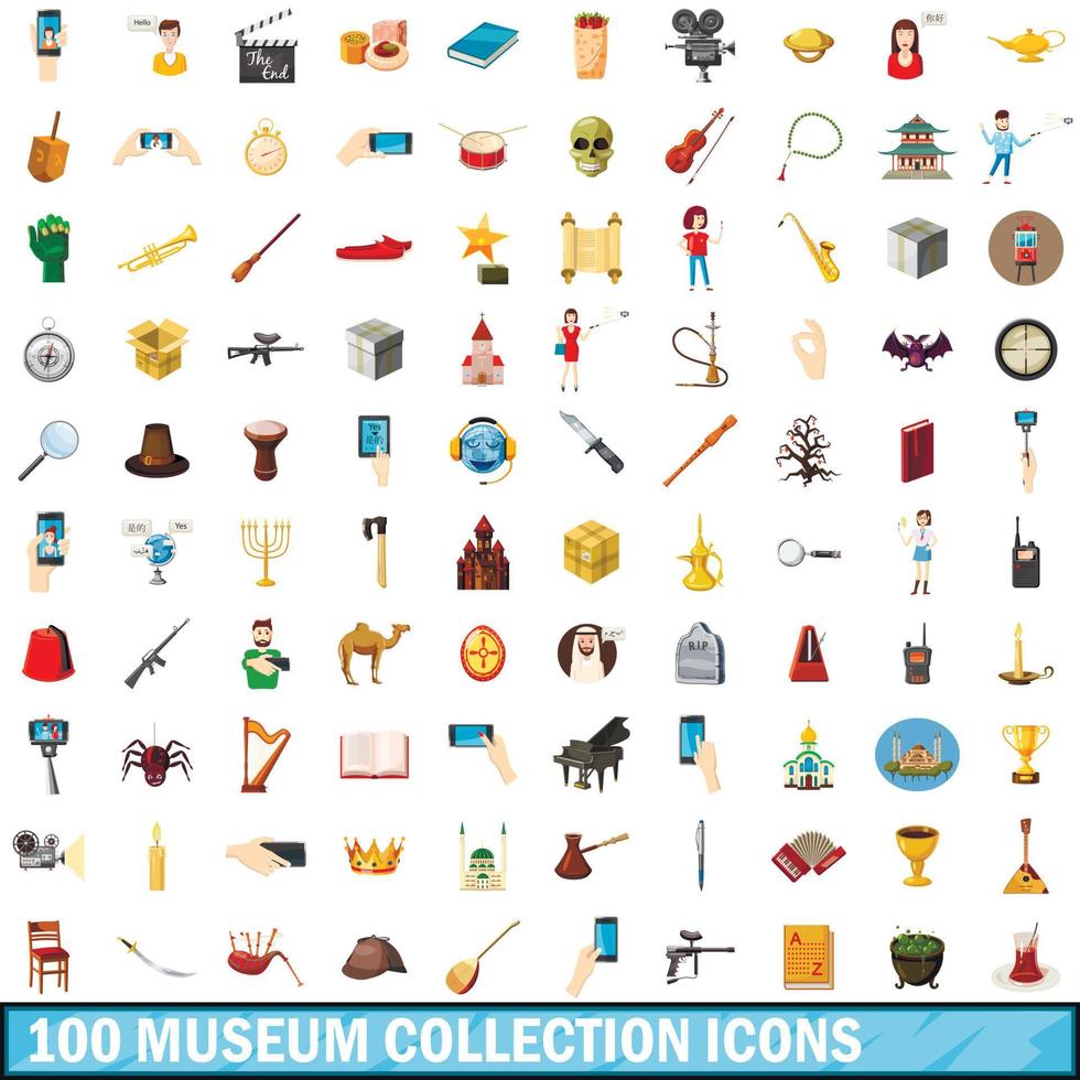 100 museum collection icons set, cartoon style vector