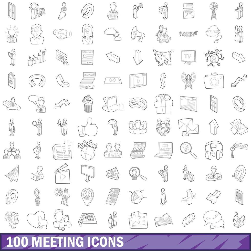 100 meeting icons set, outline style vector
