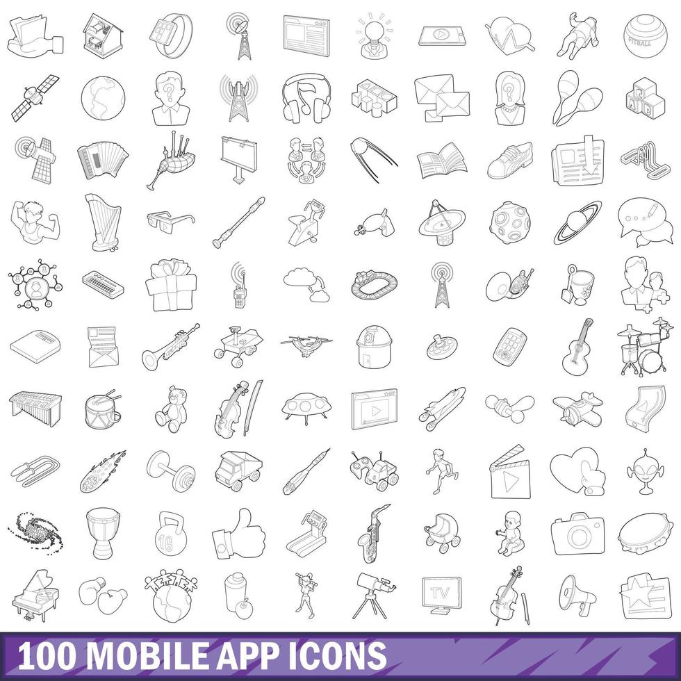 100 mobile app icons set, outline style vector