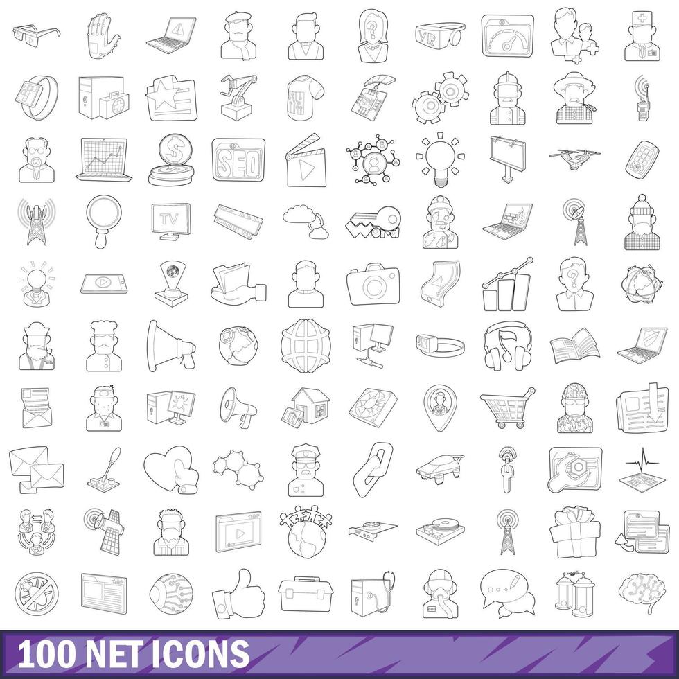 100 iconos netos establecidos, estilo de esquema vector