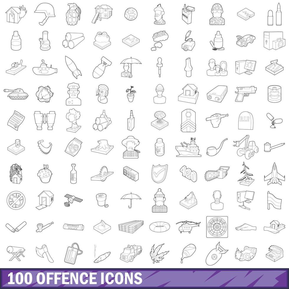 100 offence icons set, outline style vector