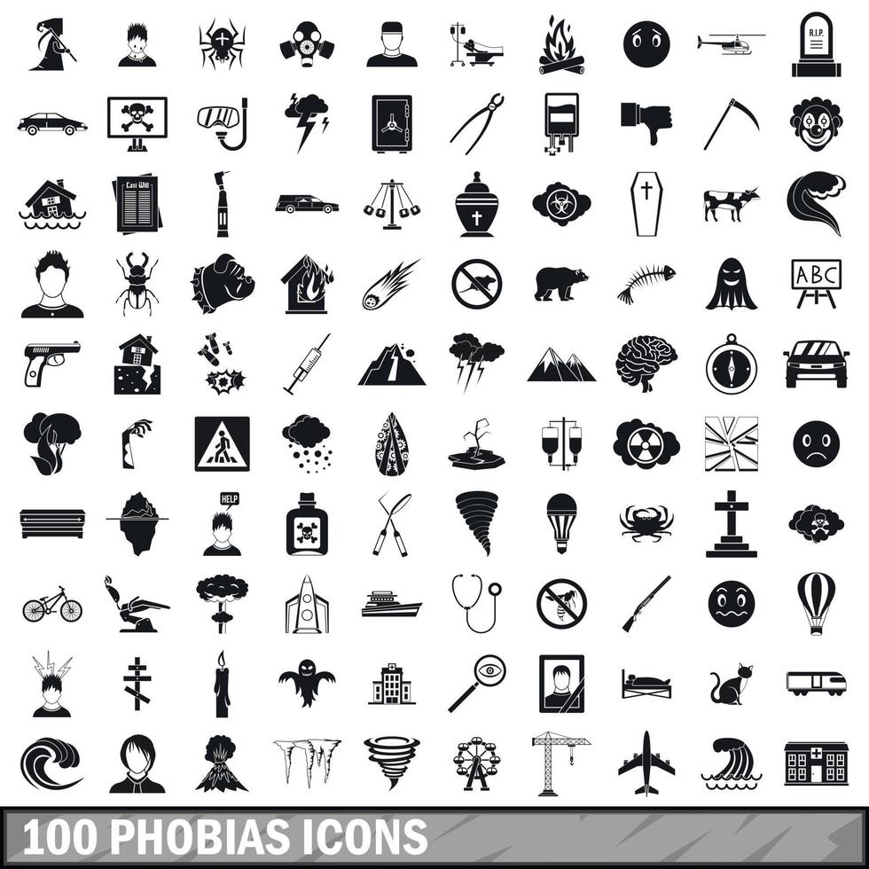 100 fobias, conjunto de iconos de estilo simple vector