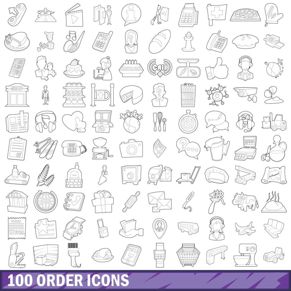 100 order icons set, outline style vector