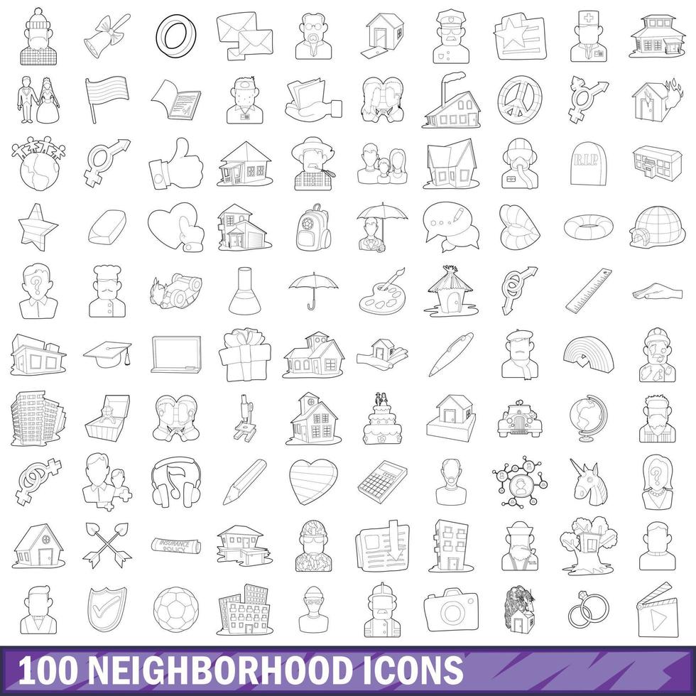 100 neighborhood icons set, outline style vector