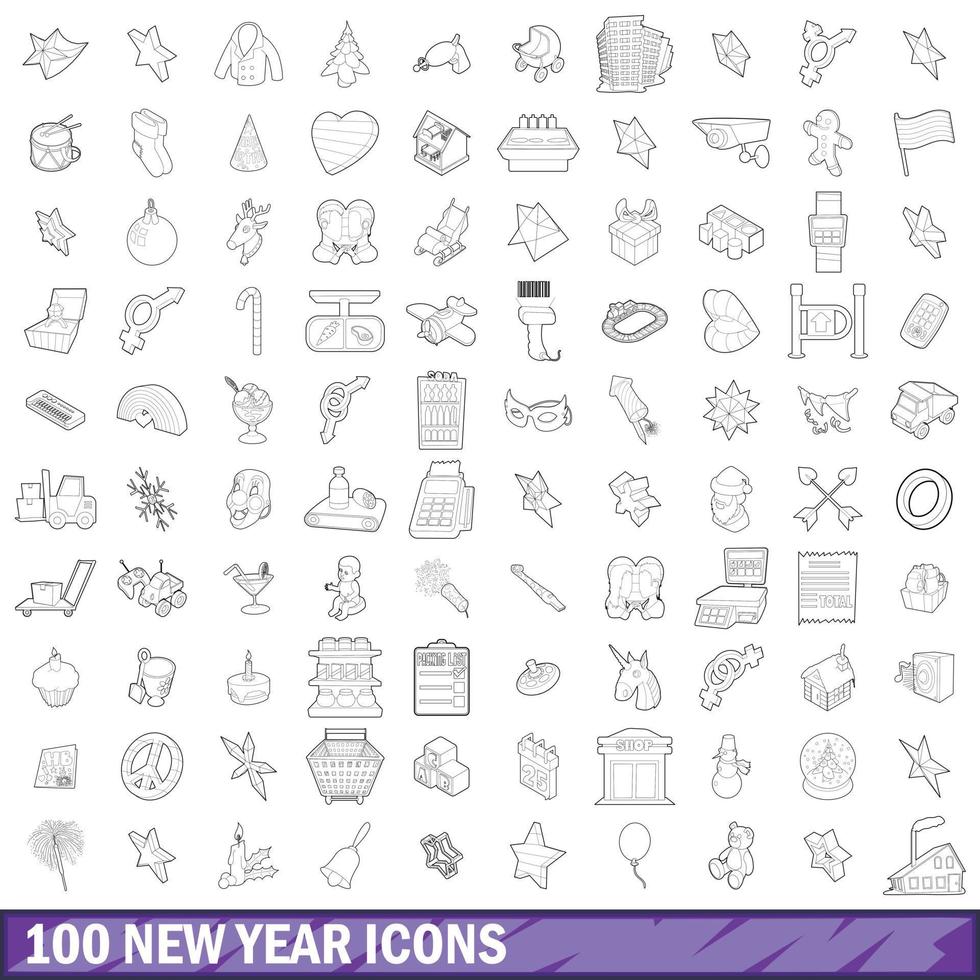 100 new year icons set, outline style vector