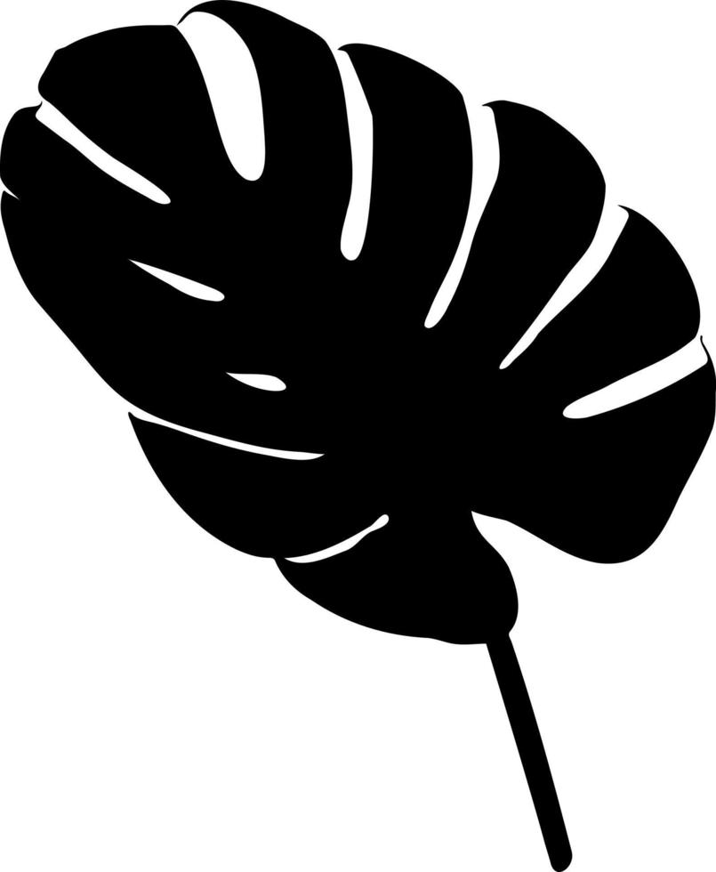 Black silhouette of a monstera or palm leaf isolated on a white background. Black and white. Vector illustration.