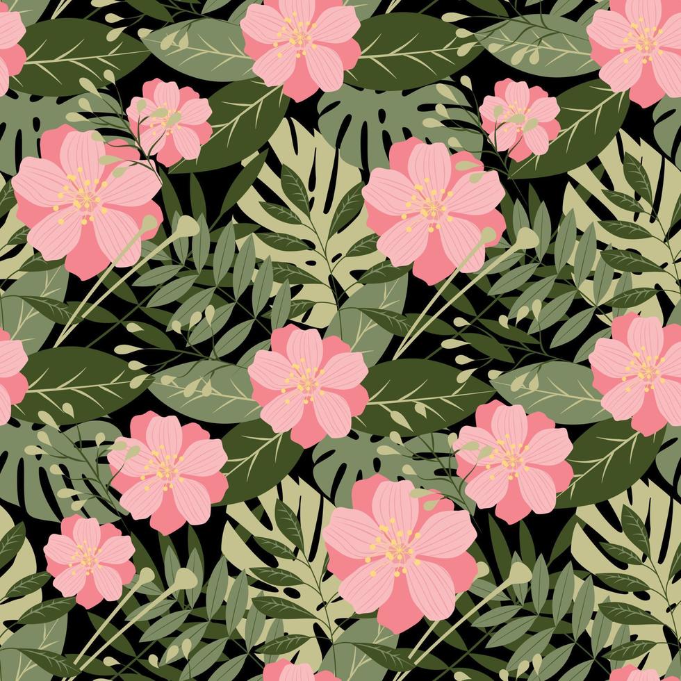 Hawaiian patterns exotic tropical leaves and flowers on a dark background. Seamless tropical pattern for wallpaper, textile or paper. vector