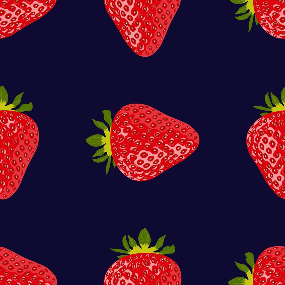 Ripe red strawberries on a dark blue background. Seamless pattern with berries. Organic food for a healthy diet. vector