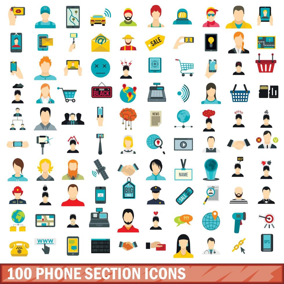 100 phone section icons set, flat style vector