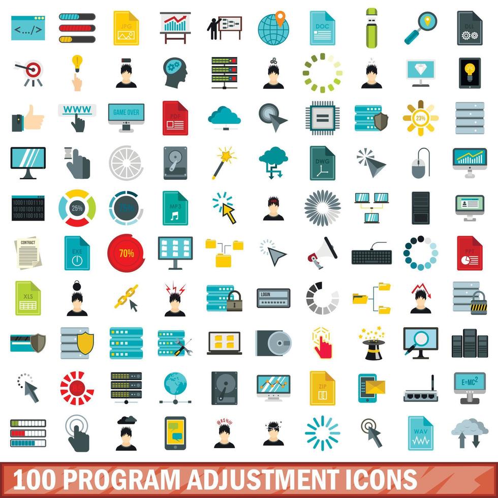 100 iconos de ajuste de programa establecidos, estilo plano vector