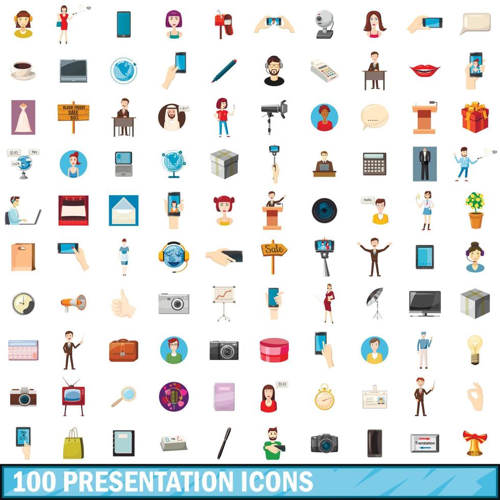 100 presentation icons set, cartoon style vector