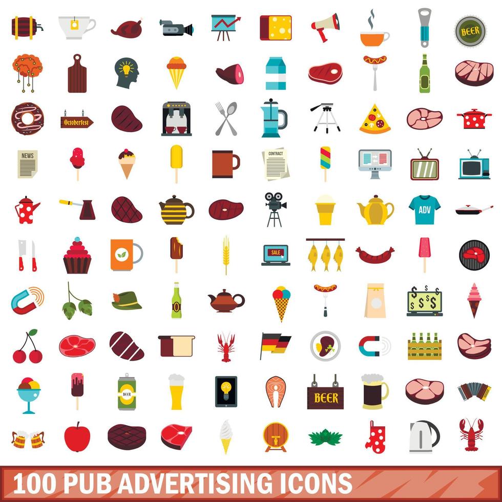 100 iconos de publicidad de pub, estilo plano vector