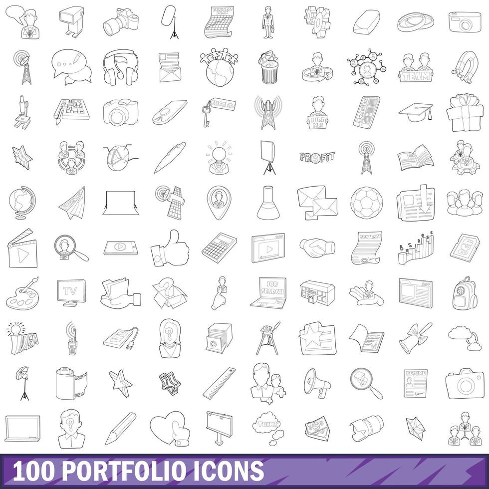 100 portfolio icons set, outline style vector