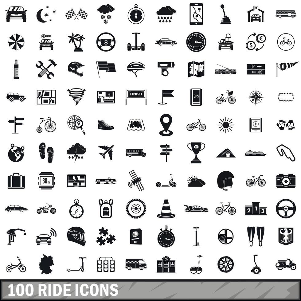 100 ride icons set, simple style vector