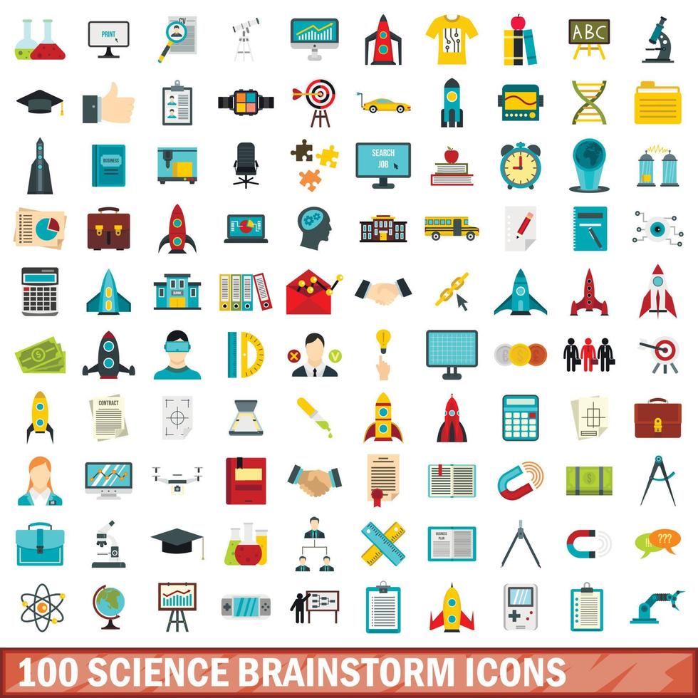 100 iconos de lluvia de ideas científicas, tipo plano vector