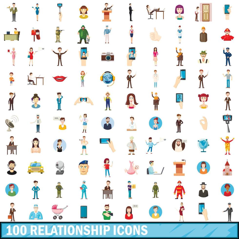 100 relationship icons set, cartoon style vector