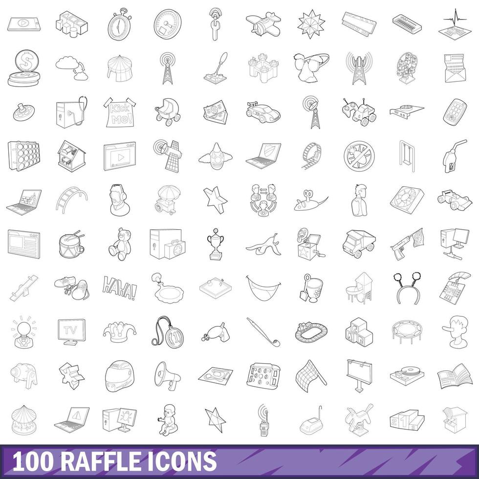 100 raffle icons set, outline style vector