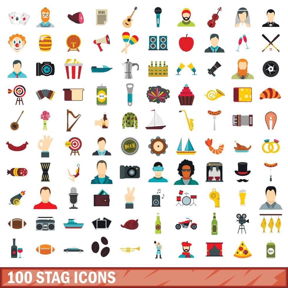 100 stag icons set, flat style vector