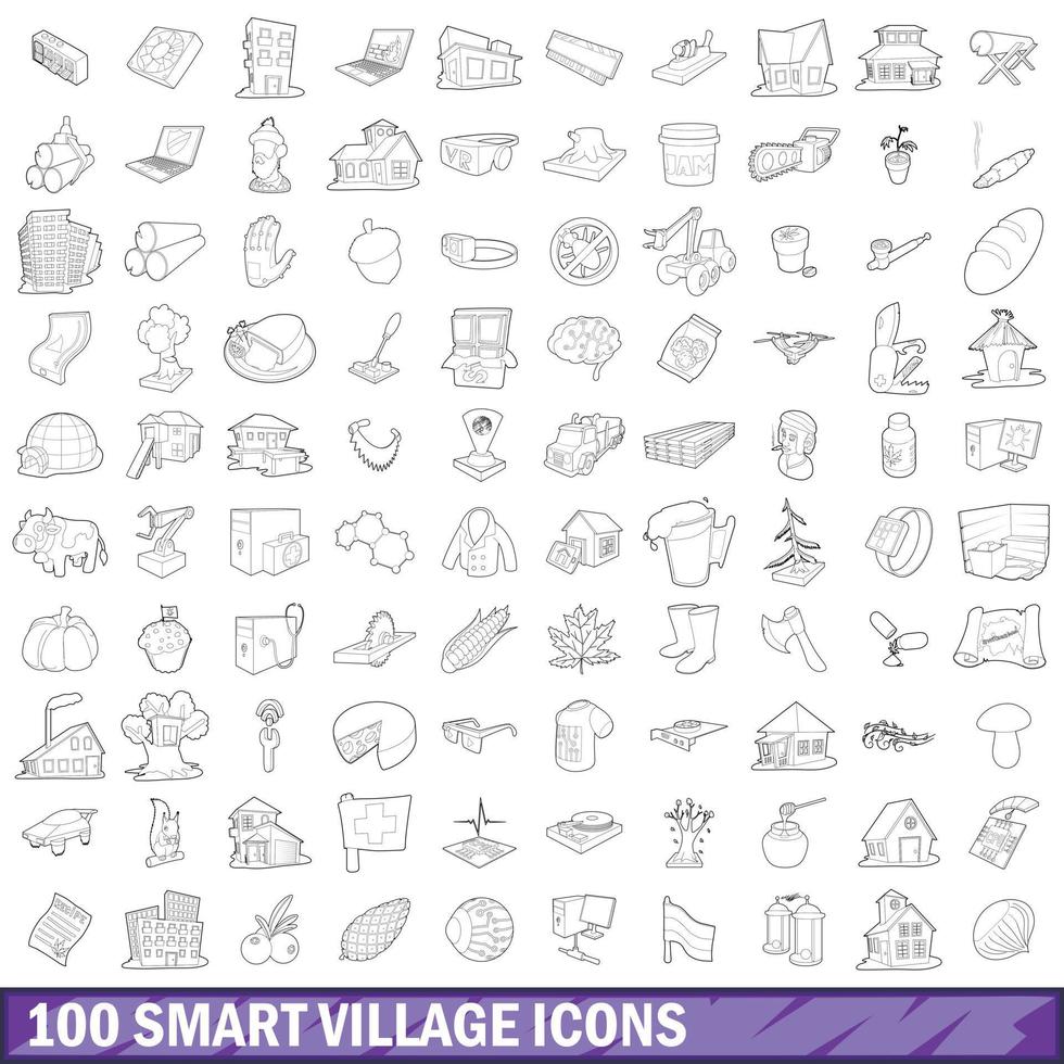 100 smart village icons set, outline style vector