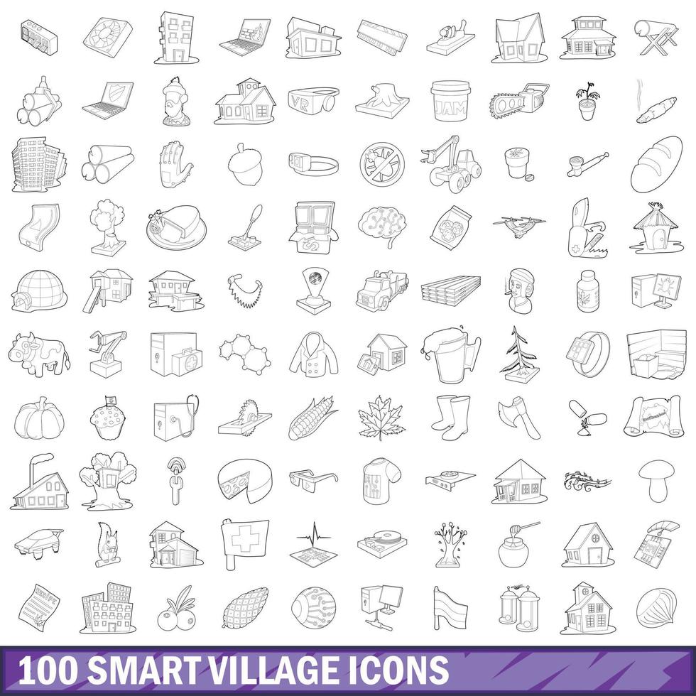 100 smart village icons set, outline style vector